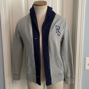 Ralph Lauren Medium Logo Varsity Cardigan ~ Gray & Blue Button Front